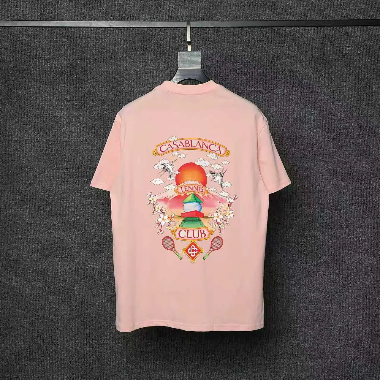 26ss CASABLANCA original printing process short-sleeved T-shirt original development using high-density double yarn pure cotton fabric upper body soft and comfortable color Black White Dark Green color Orange Pink Blue Royal Blue color cigarette powder 8 colors Sizes S M L XL